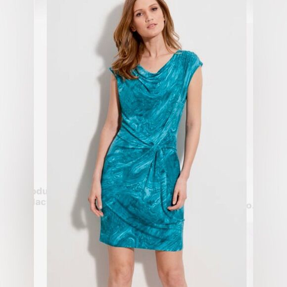 Michael Kors stunning teal blue waves print ruched twist dress size medium - Picture 1 of 8